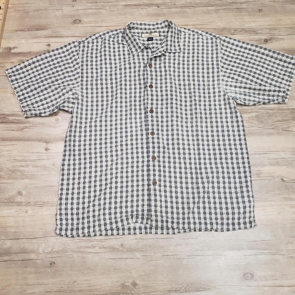 Tommy Bahama Shirt Mens L Blue Check Silk Short Sleeve Button Up Casual Relaxed